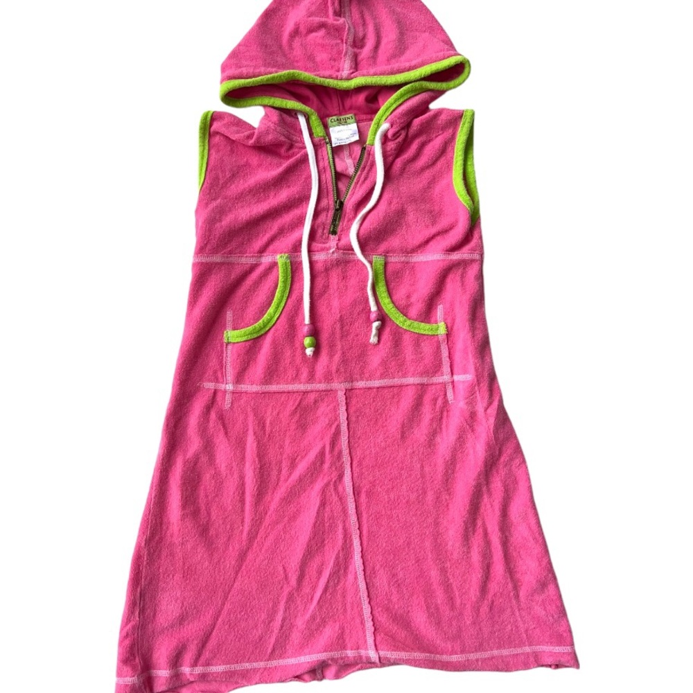 Claesen’s pink toweling swim coverup with green trim size 140 or 10y